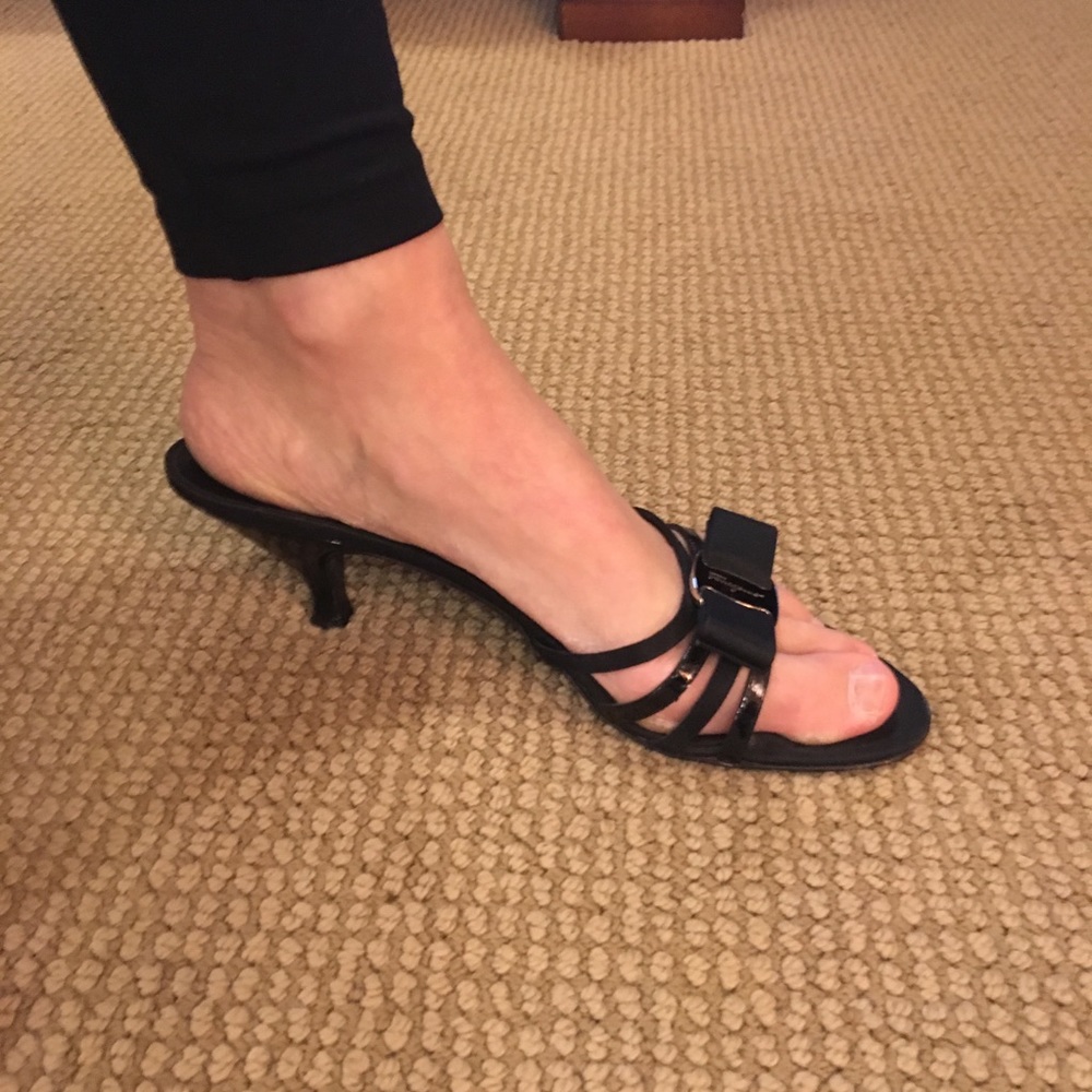 Ferragamo Black Kitten Heel Slide Sandals w Bow